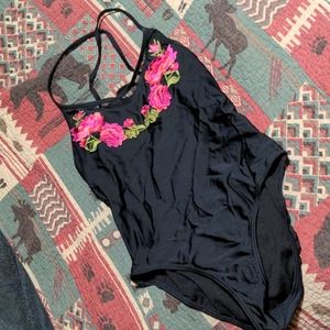 Black embroidered floral one piece swimsuit